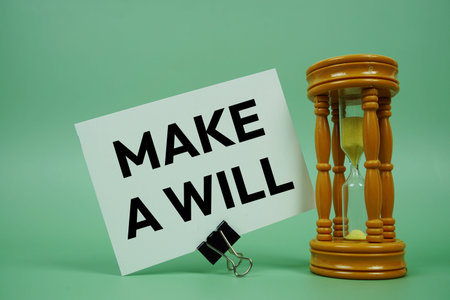 Make a will text message on paper card with alarm clock on green background