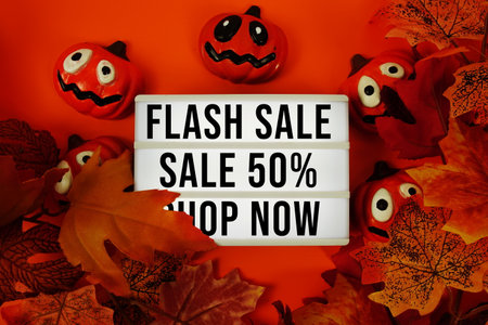 Halloween promotion Flash Sale 50% promotion text in lightbox with maple leaf and pumpkins decoration on orange backgroundの写真素材
