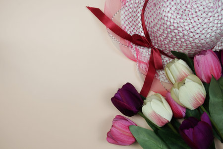 Beautiful flowers frame decoration with space for text message top view on pink backgroundの写真素材