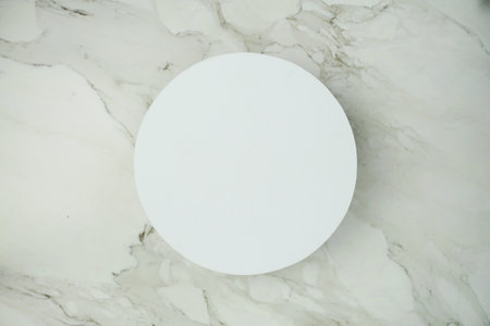 Top view of empty White round podium mockup on marble backgroundの写真素材