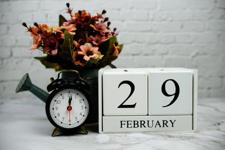 29 February wooden calendar Leap year concept backgroundの写真素材