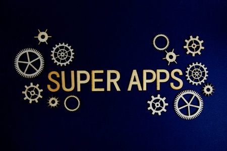 Super Apps alphabet letters with gears element on navy blue background