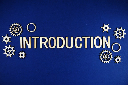 Introduction alphabet letters with gears element on navy blue background