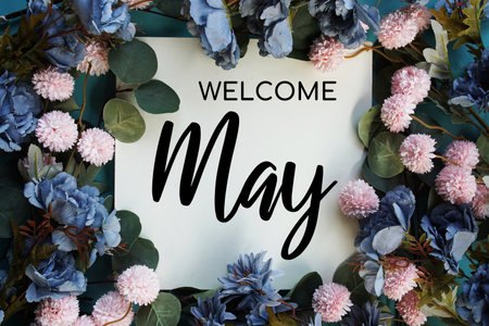 Welcome May text with flowers blooming top view on blue backgroundの写真素材