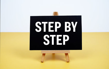 Step by step text written on paper card with easel standing on yellow background