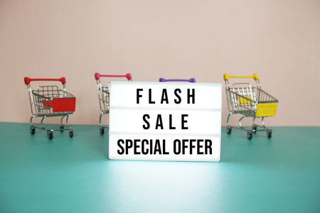 Flash sale text message on lignt box with trolley shopping cart on pink and blue backgroundの写真素材