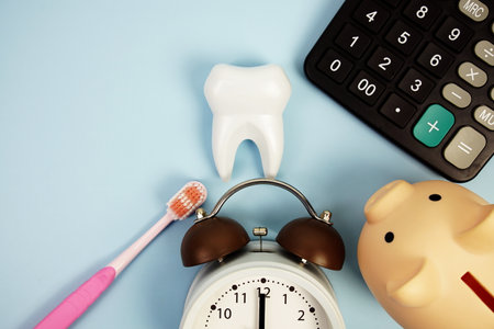Dental Treatment Costs with toothbrush, calculator, piggy bank and white tooth model top view on blue backgroundの写真素材