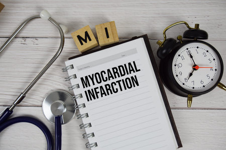 MI - Myocardial Infarction acronym on notepad, Healthcar and Medical concept background
