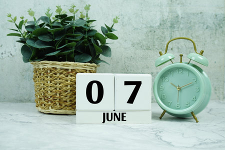 Wooden Calendar Showing the Date of June 7th. Day 7 of Juneの写真素材