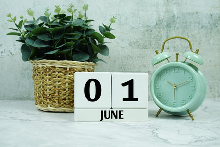 Wooden Calendar Showing the Date of June 1st. Day 1 of Juneの写真素材