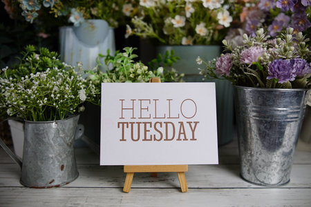 Hello Tuesday text on paper card with flowers decoration on wooden backgroundの写真素材