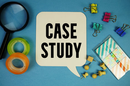Case Study text with magnifying glass on blue background