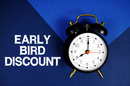 Early Bird Discount text with alarm clock on blue background