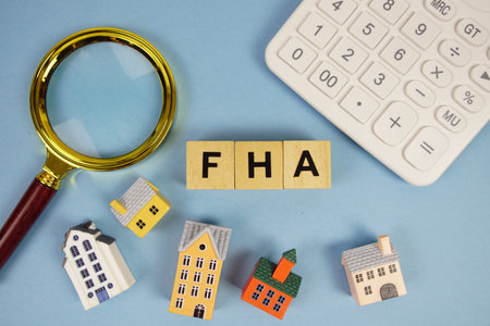 FHA abbreviation of Federal Housing Administration alphabet letters with house model, magnifying glass and calculator on blue backgroundの写真素材