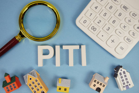 PITI abbreviation of Principal, Interest, Taxes And Insurance alphabet letters with house model, magnifying glass and calculator on blue backgroundの写真素材