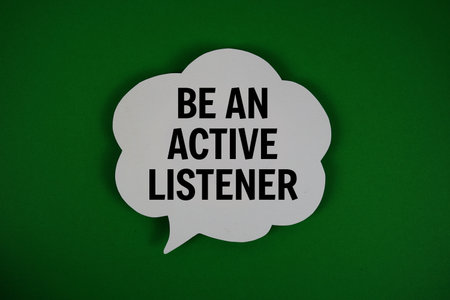 Be An Active Listener text with speech bubble on green backgroundの写真素材