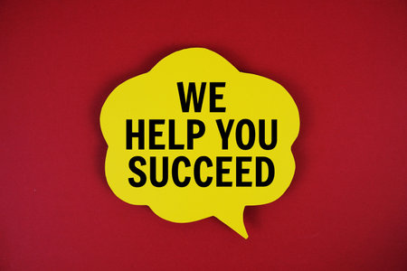 We Help You Succeed text with speech bubble on red background