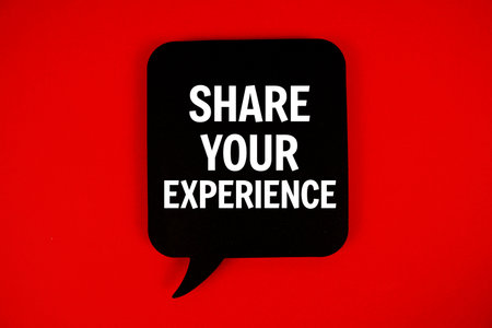 Share Your Experince text with speech bubble on red backgroundの写真素材