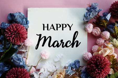 Happy March text with flowers decorations on pink backgroundの写真素材