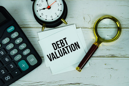 Debt Valuation text message on paper with magnifying glass, calculator and alarm clock on wooden backgroundの写真素材
