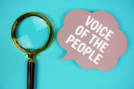 Voice Of The People text with speech bubble and magnifying glass on blue backgroundの写真素材