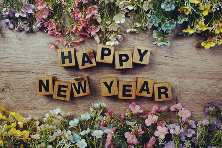 Happy New Year alphabet letters top view with flowers on wooden backgroundの写真素材