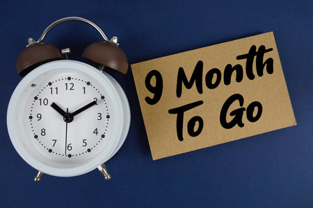 9 Month To Go text written on paper with alarm clock on blue background