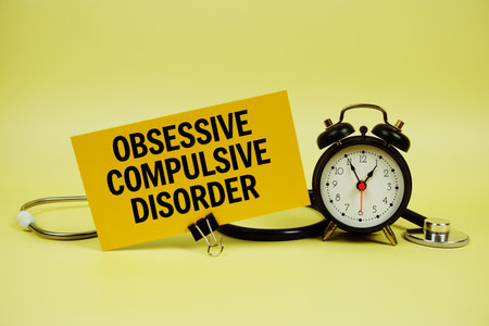 OCD (Obsessive Compulsive Disorder) text on speech bubble with alarm clock and stethoscope on yellow background, Healthy conceptの写真素材