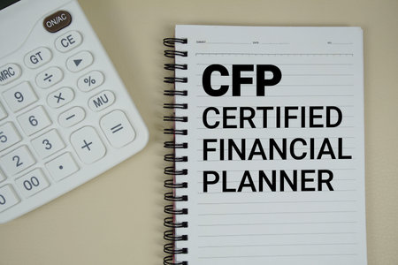 CFP Abbreviations of Certified Financial Planner text with calculator phrase of business and...
