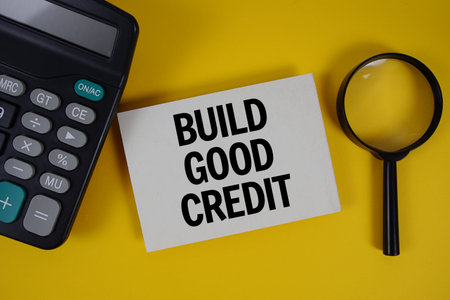 Build Good Credit text with magnifying glass anc calculator on yellow background