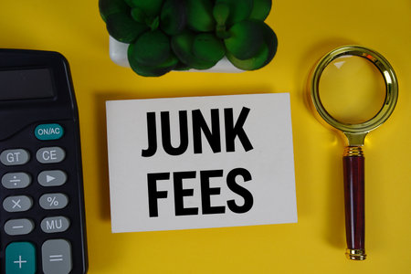 Junk fees text with magnifying glass anc calculator on yellow backgroundの写真素材