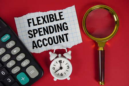Flexible Spending Account text with alarm clock, magnifying glass anc calculator on red backgroundの写真素材