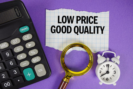 Low Price Good Quality text with alarm clock, magnifying glass anc calculator on purple backgroundの写真素材