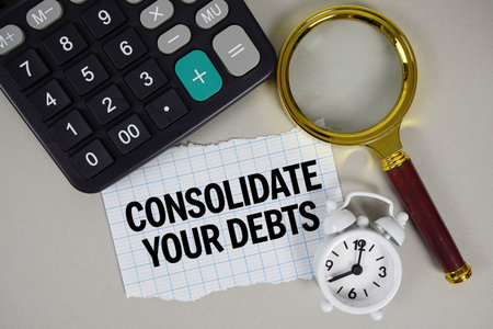 Consolidate Your Debts text with alarm clock, magnifying glass anc calculator on gray backgroundの写真素材