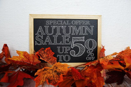 Autumn Sale 50% off text with maple leaf decoration on wooden backgroundの写真素材
