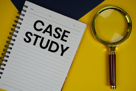 Case Study text with magnifying glass on yellow background