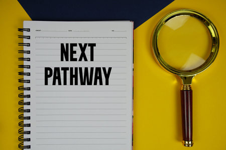 Next Pathway text with magnifying glass on yellow background
