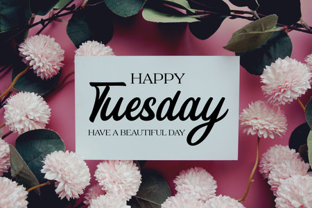 Happy Tuesday Have a Beautiful Day text with flowers decorations on pink backgroundの写真素材