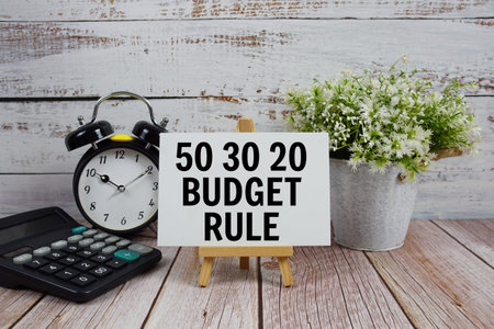 50 30 20 Budget Rule text with alarm clock and calculator on wooden background