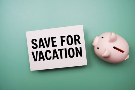 Save for Vacation text and piggy bank for saving on green backgroundの写真素材