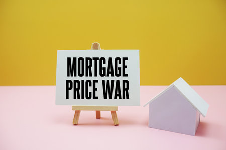 Mortgage Price War text with white model house on pink and yellow backgroundの写真素材
