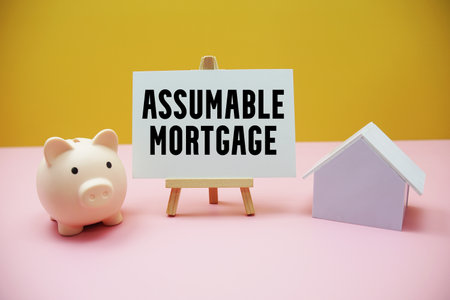Assumable Mortgage text with white model house and piggy bank on pink and yellow backgroundの写真素材