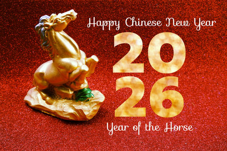 Happy Chinese New Year 2026, Year of the Horse, chinese zodiac sign on red backgroundの写真素材