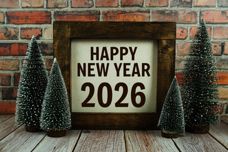 Happy New Year 2026 with Christmas tree and pine cone decoration on old brick wall and wooden...