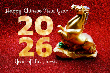 Happy Chinese New Year 2026, Year of the Horse, chinese zodiac sign on red backgroundの写真素材