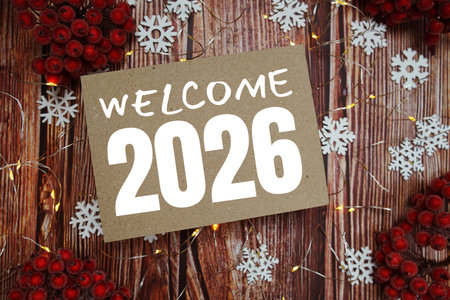 Happy New Year 2026 text on paper craft with LED andの写真素材