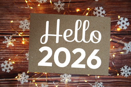 Happy New Year 2026 text on paper craft with LED andの写真素材