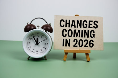 Changes coming in 2026 text on paper card with alarm clock on green backgroundの写真素材