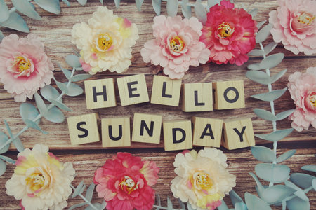 Hello Sunday alphabet letter and flower decorate on wooden backgroundの写真素材