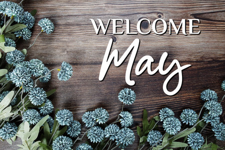 Welcome May text with flowers decoration on wooden backgroundの写真素材